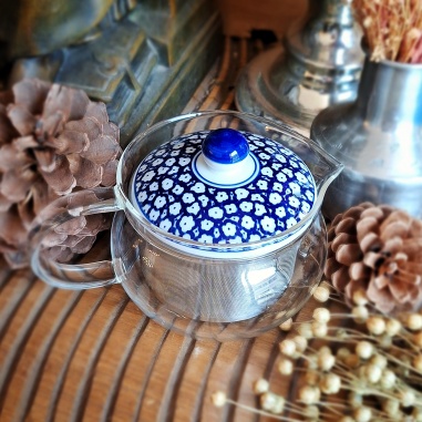 Théière pavillon d'argent verre & porcelaine