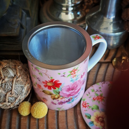 Tasse Garden-party (fond rose), couvercle et filtre intégré.