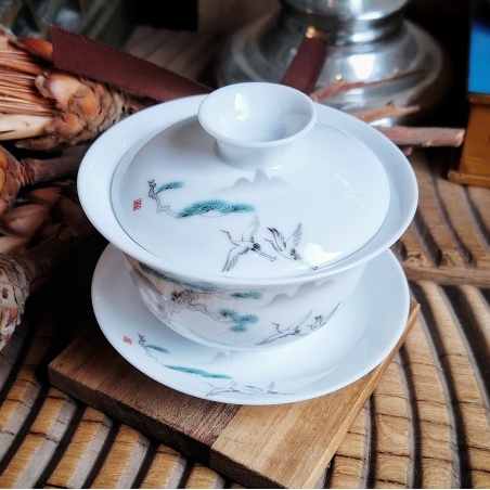 Tasse gaïwan nuée d'oiseaux, porcelaine fine