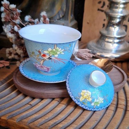 Tasse gaïwan cité interdite bleu princier, porcelaine fine